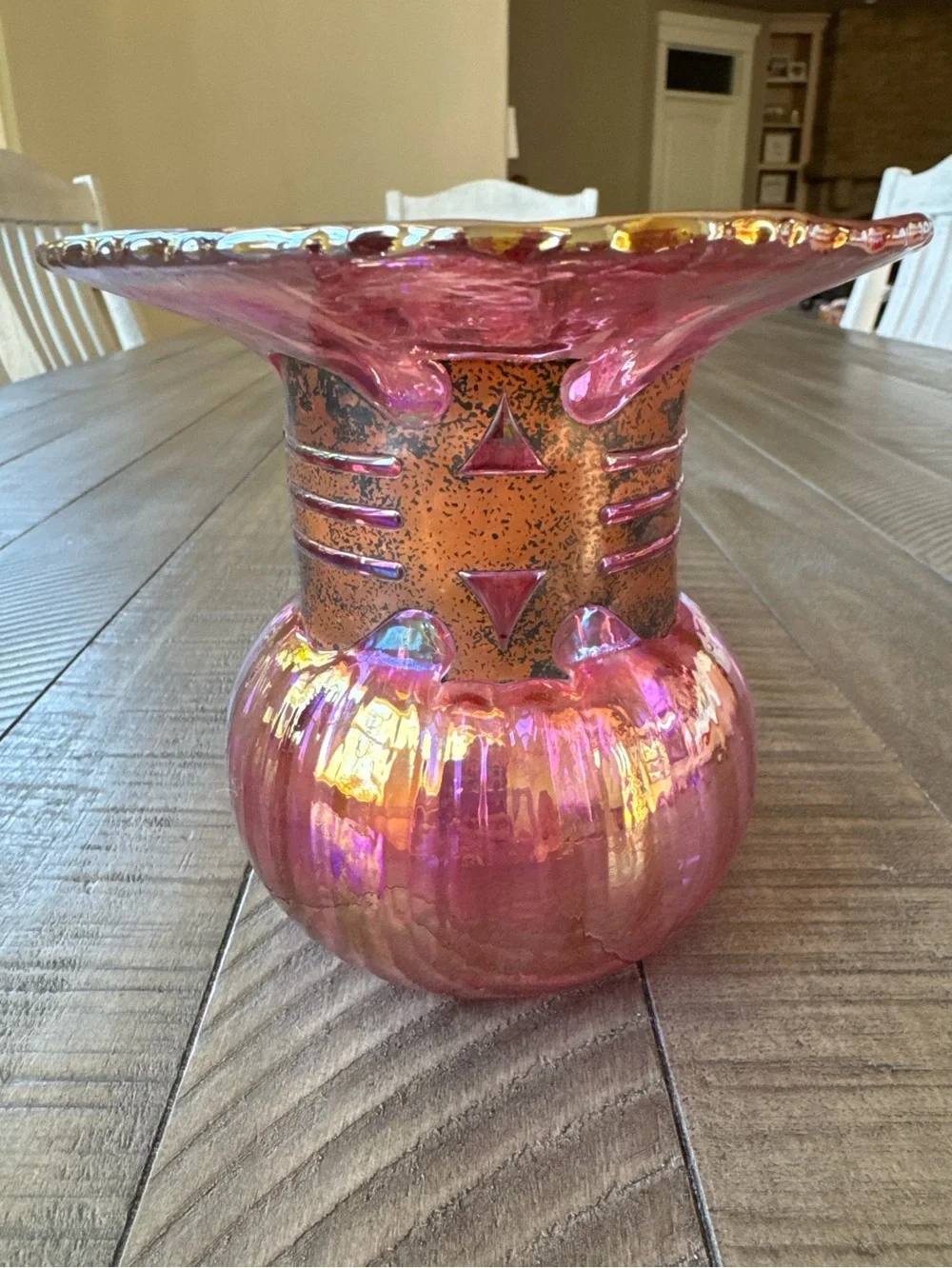 Vintage Silvestri Mouth-Blown Iridescent Pink/Purple Glass Vase W/Cage Neck Ring